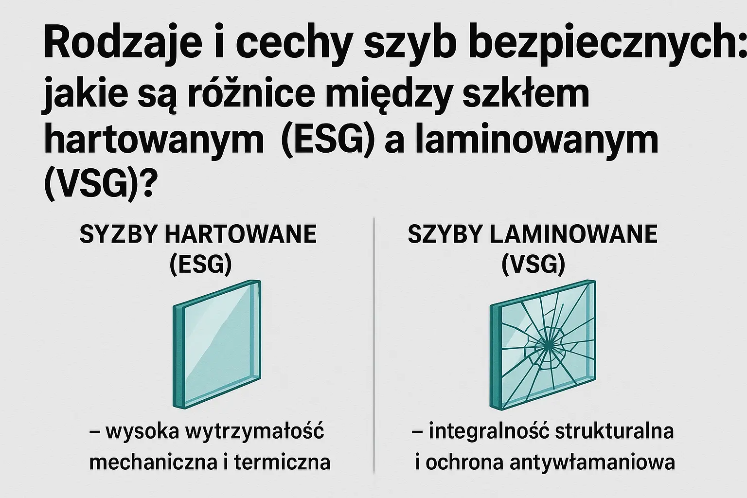 Infografika porównująca szyby hartowane ESG i laminowane VSG: nienaruszona tafla obok tafli z pajęczyną pęknięć, pod spodem główne cechy obu szkieł